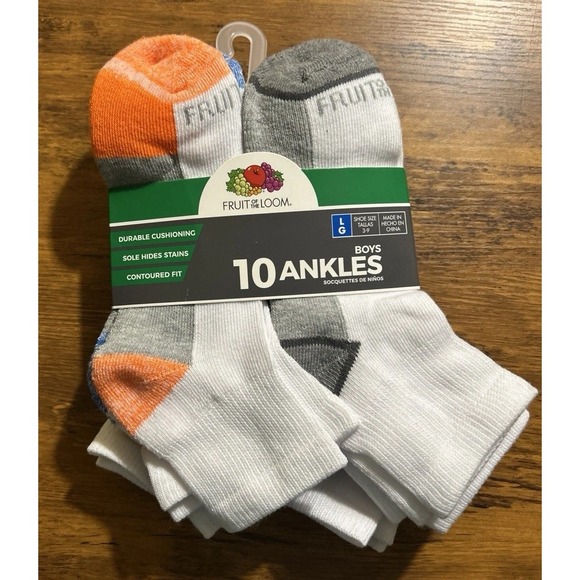 Fruit of the Loom Boys Cushioned Ankle Socks 10 Pair Large Shoe 3-9 - White - Picture 5 of 5